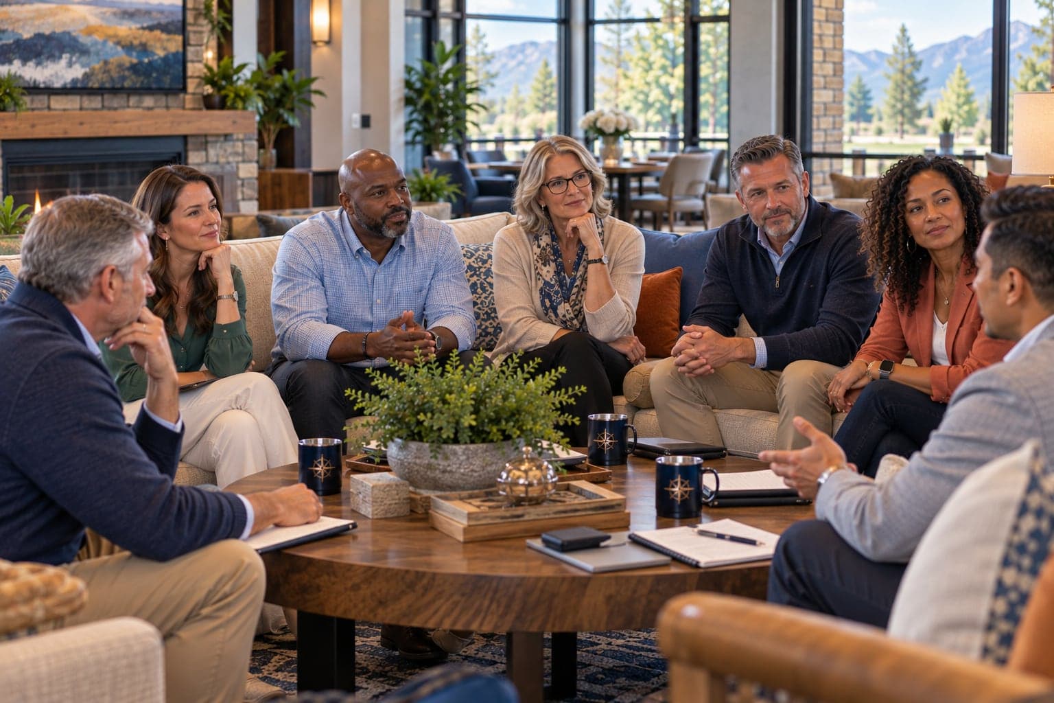 An association board meeting in a community clubhouse: seven members around a coffee table, listening as one of them speaks.